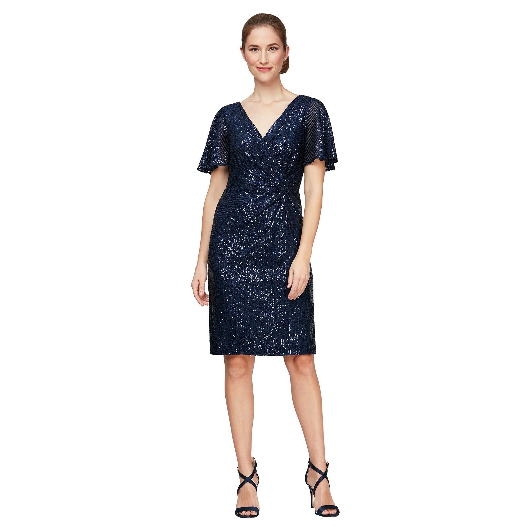 

Платье Alex Evenings, Short Surplice Neckline Dress with Knot Front Detail and Flutter Sleeves
