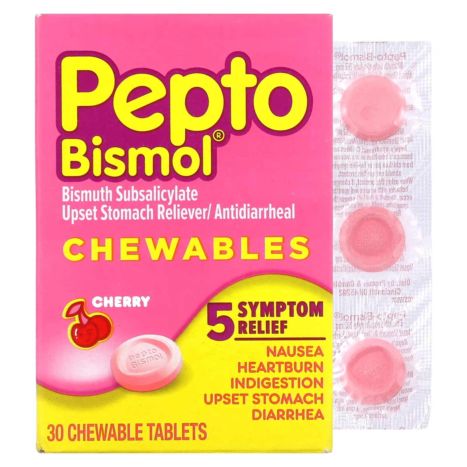 Жевательные Таблетки Pepto Bismol, вишня, 30 жевательных таблеток pepto bismol пепто бисмол 40 капсул