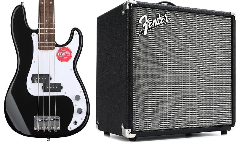 

Squier Mini Precision Electric Bass — черный комплект с Fender Rumble 25 1x8" 25-ваттный басовый комбоусилитель Squier + Fender 0370127506=1 2370200000=1