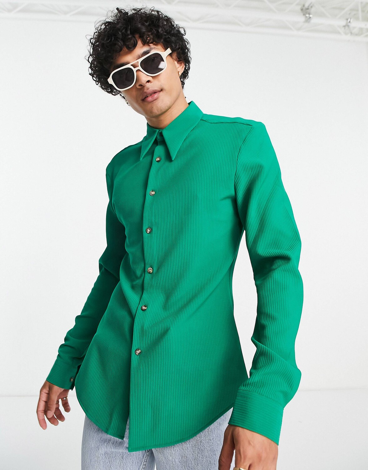 

Ярко-зеленая рубашка скинни в рубчик ASOS DESIGN