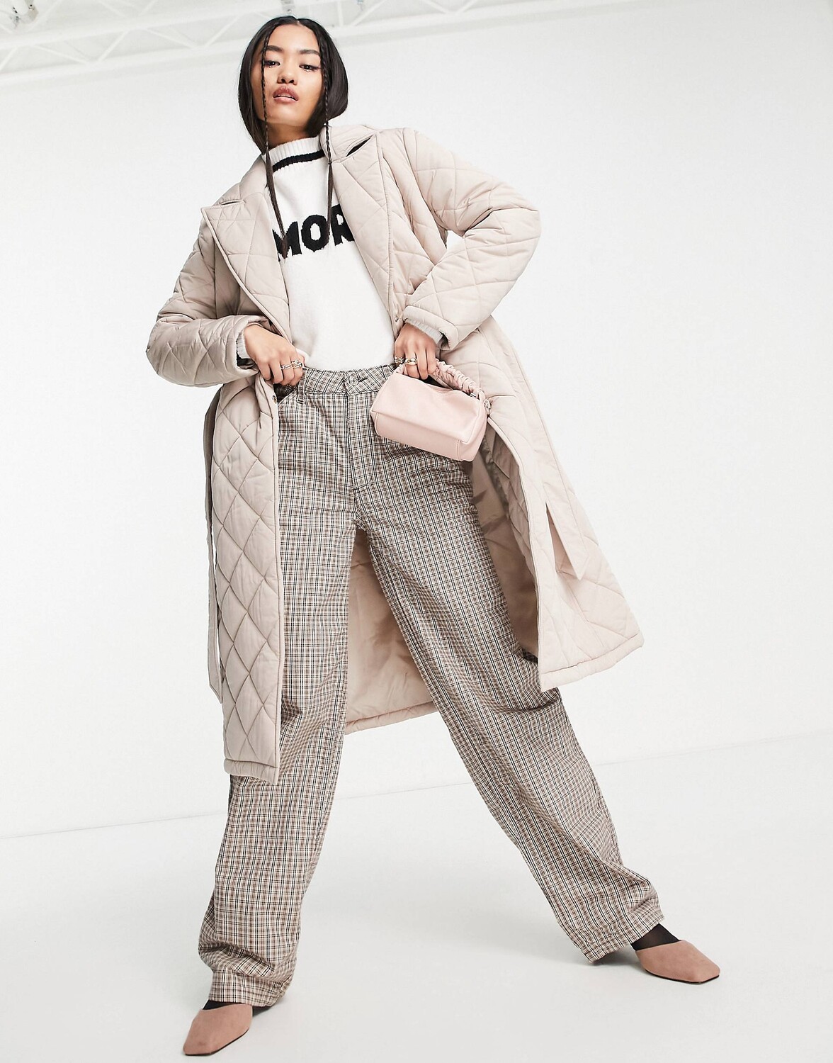 

Длинное стеганое пальто с поясом Miss Selfridge