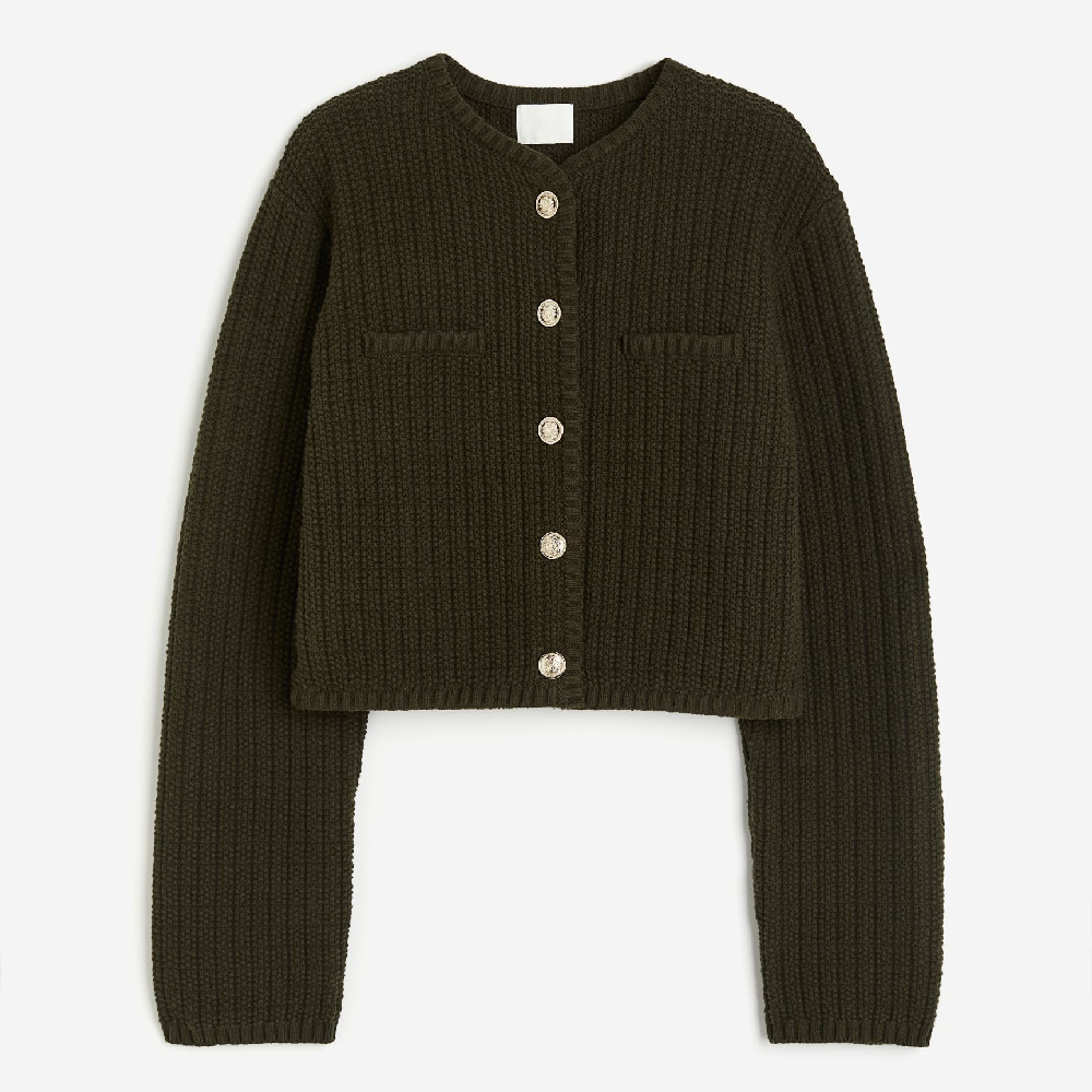 Кардиган H&M Short Textured-knit, темно-зеленый кардиган oysho short knit бежевый