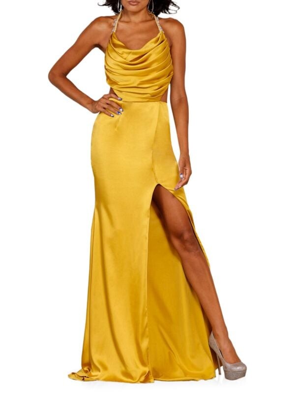 

Атласное платье с хомутом и высоким разрезом Terani Couture Yellow