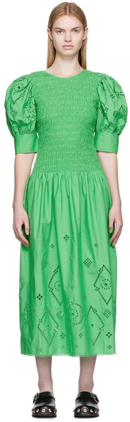 

Зеленое платье-миди с вышивкой Broderie Anglaise GANNI, Зеленый