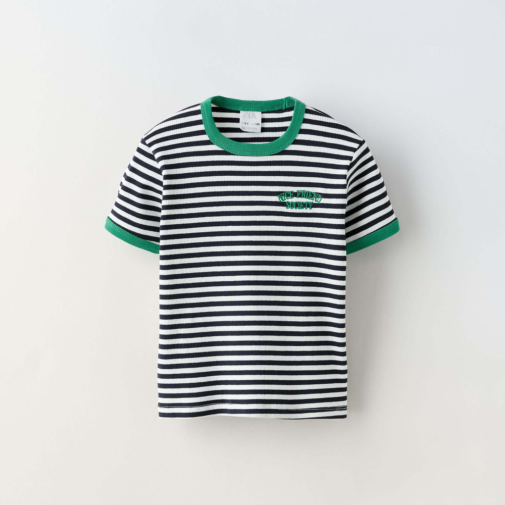 Футболка Zara Contrast Ribbed Striped, зеленый/белый свитшот с круглым вырезом из мольтона вышитая надпись на груди 2 года 86 см белый