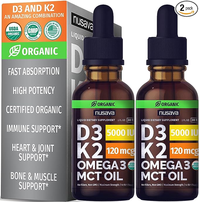 цена Органический витамин Nusava D3 в каплях K2 с маслом MCT, 5000 МЕ, 2 упаковки