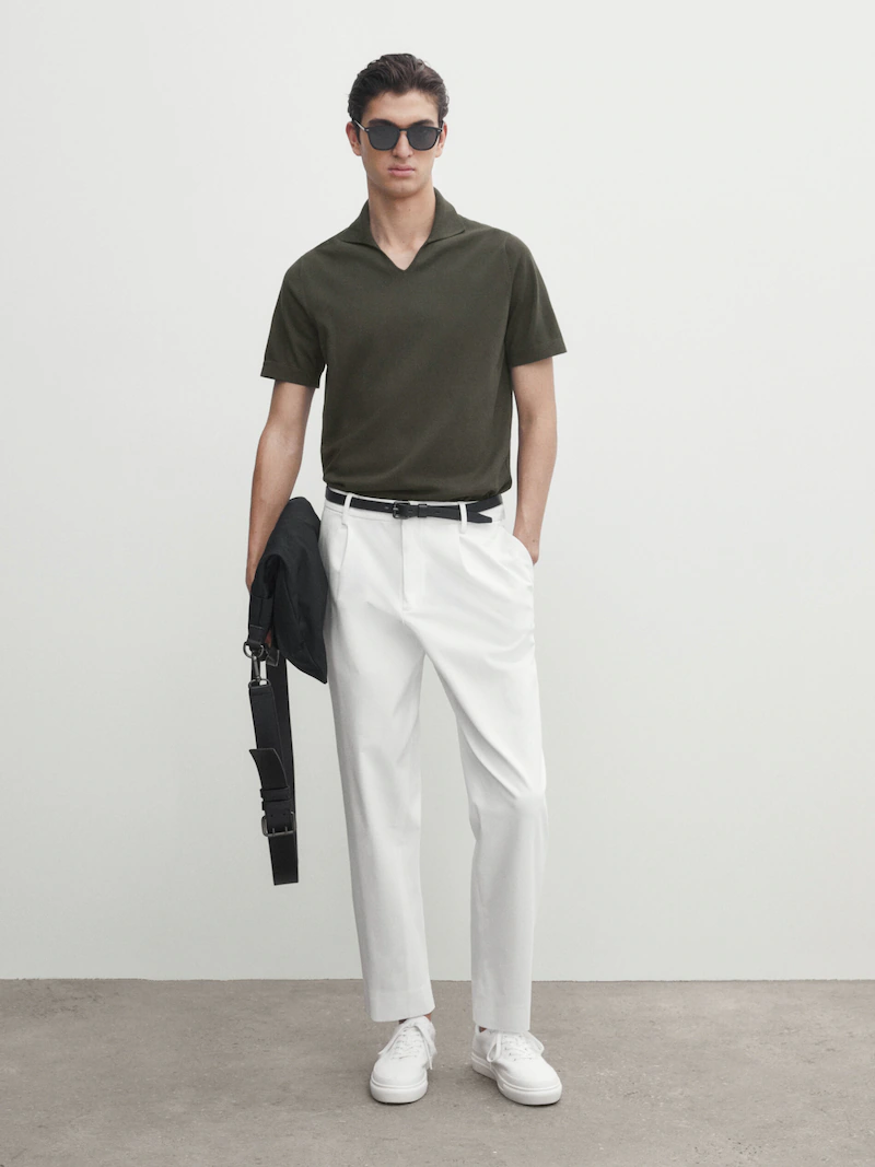 

Свитер-поло миланской вязки с короткими рукавами Massimo Dutti, зеленый