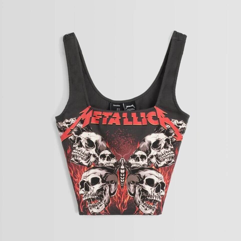 

Топ-корсет Bershka Metallica Print With Straps, черный