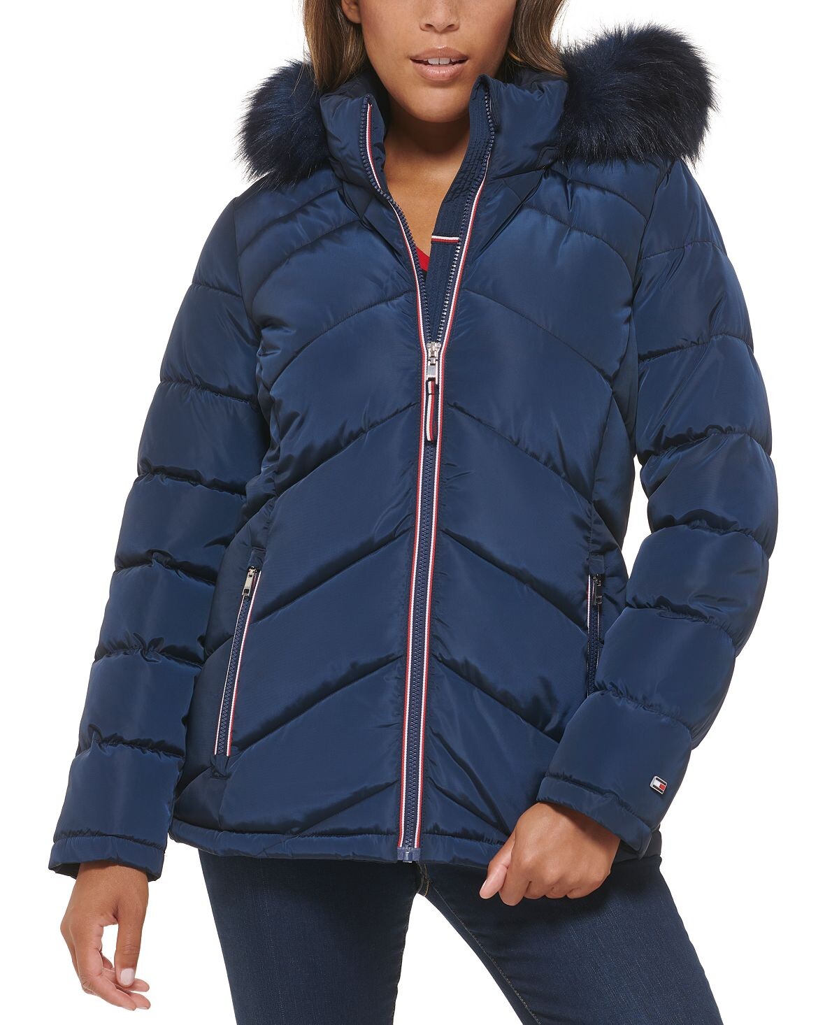 

Женское пуховое пальто с капюшоном и отделкой из искусственного меха Tommy Hilfiger, синий