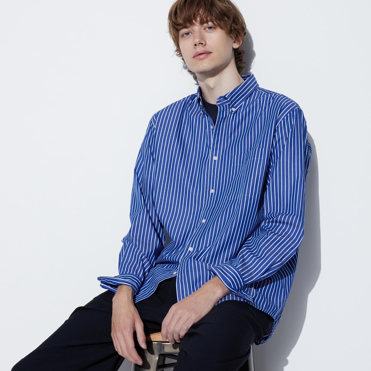

Рубашка UNIQLO в широкую полоску из тонкого хлопка, темно-синий
