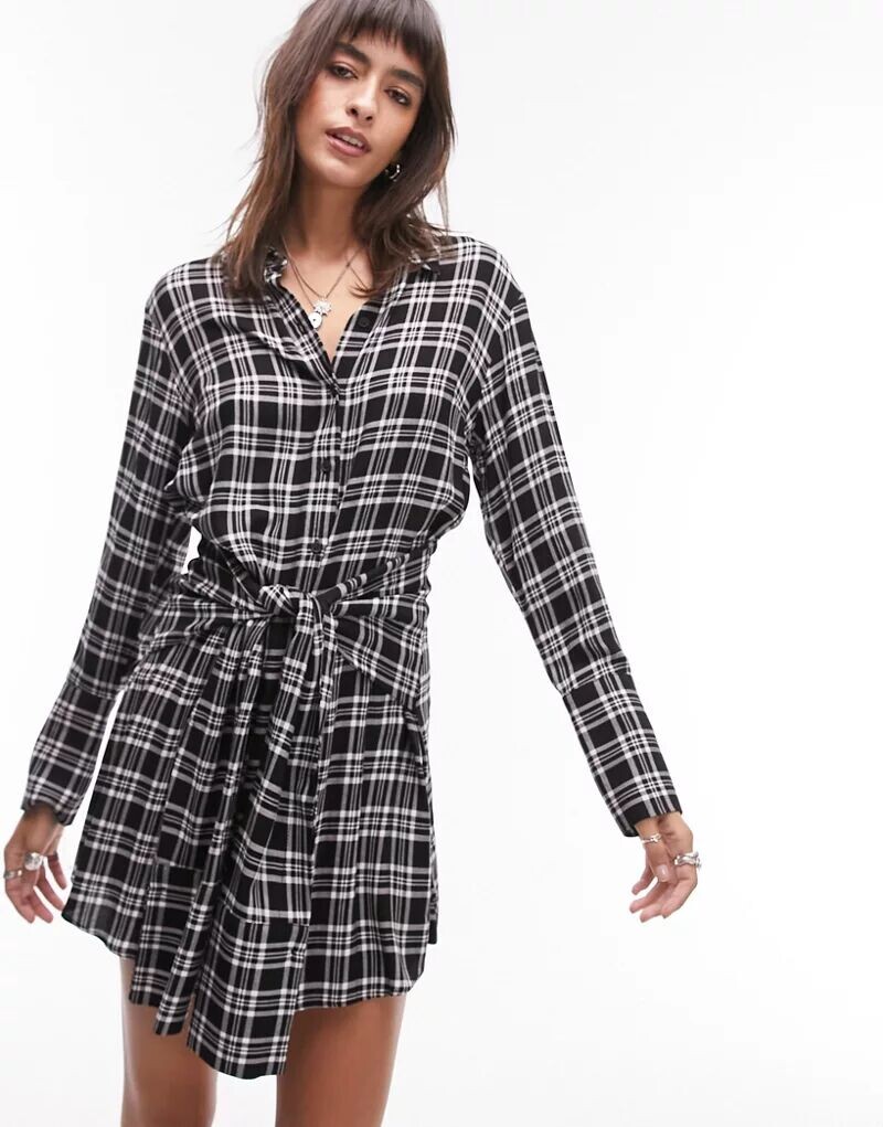 

Короткое платье-рубашка в клетку Topshop с завязкой спереди