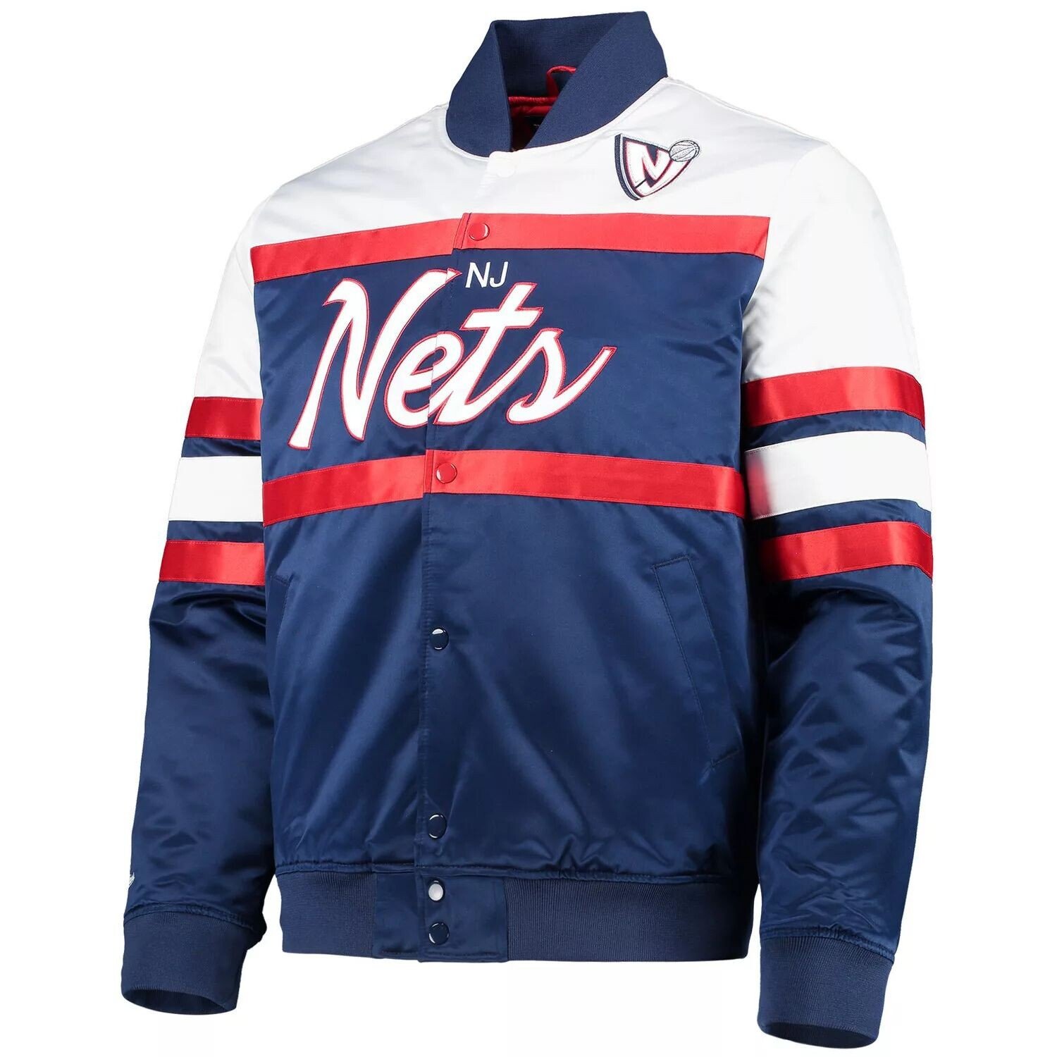 

Мужская темно-синяя атласная куртка на кнопках Mitchell & Ness New Jersey Nets из твердой древесины с классическим рисунком, Синий