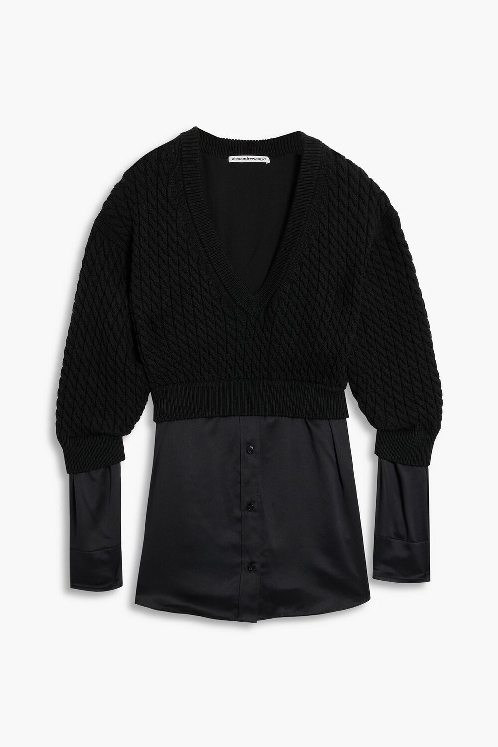 

Многослойный свитер косой вязки из смесового хлопка и атласа ALEXANDERWANG.T, черный