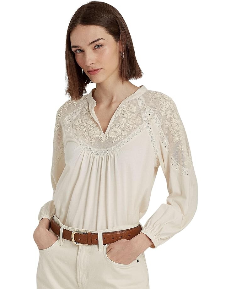 

Топ LAUREN Ralph Lauren Embroidered Jersey Blouson-Sleeve, кремовый