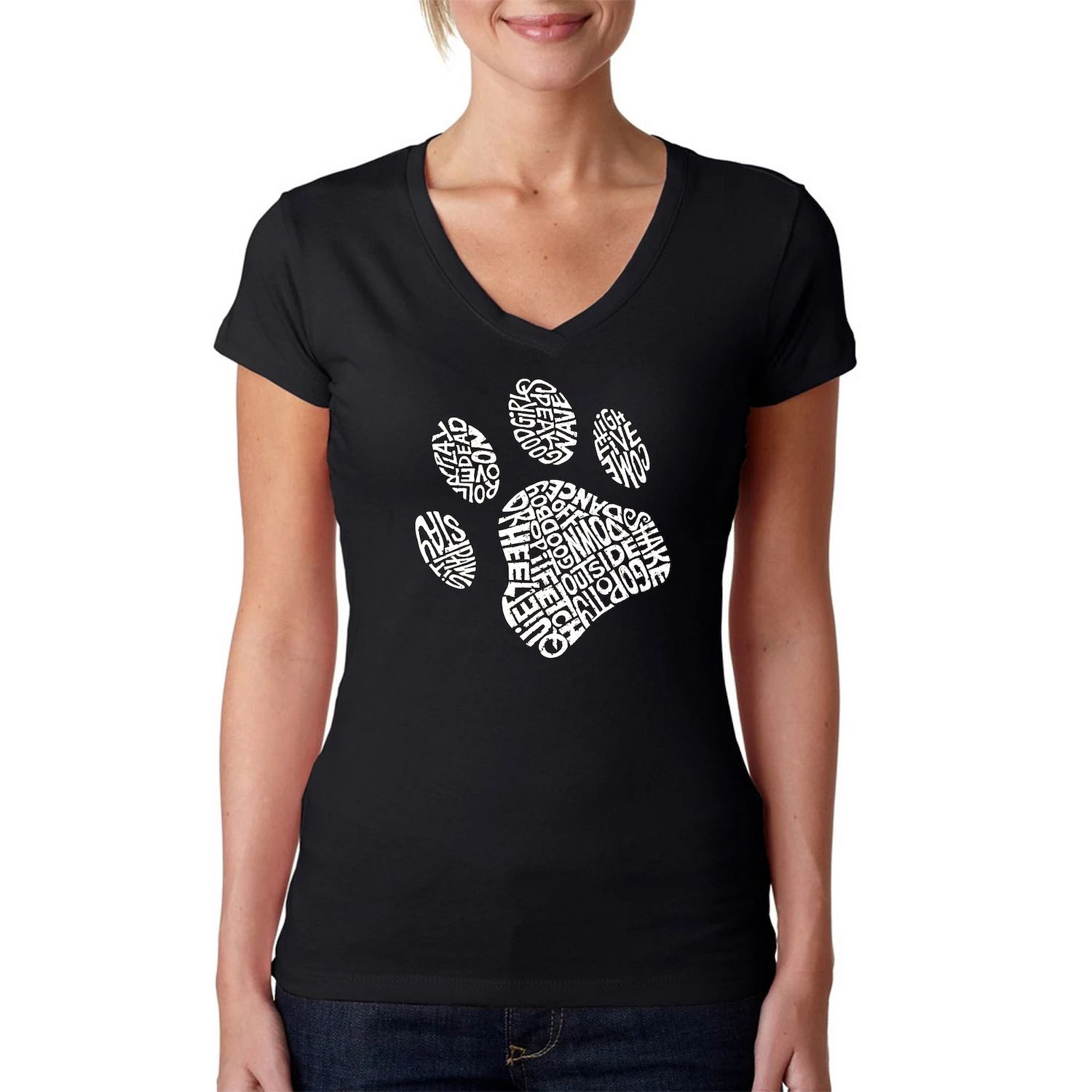 Dog Paw — женская футболка с v-образным вырезом и принтом Word Art LA Pop Art