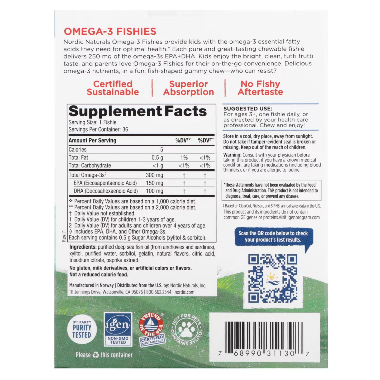 Омега-3 Fishies Без сахара для детей от 3 лет Tutti Frutti 300 мг 36 Fishies Nordic Naturals