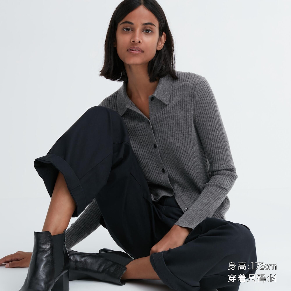 

Свитер Uniqlo камвольный в рубчик с воротником-поло из мериносовой шерсти, серый