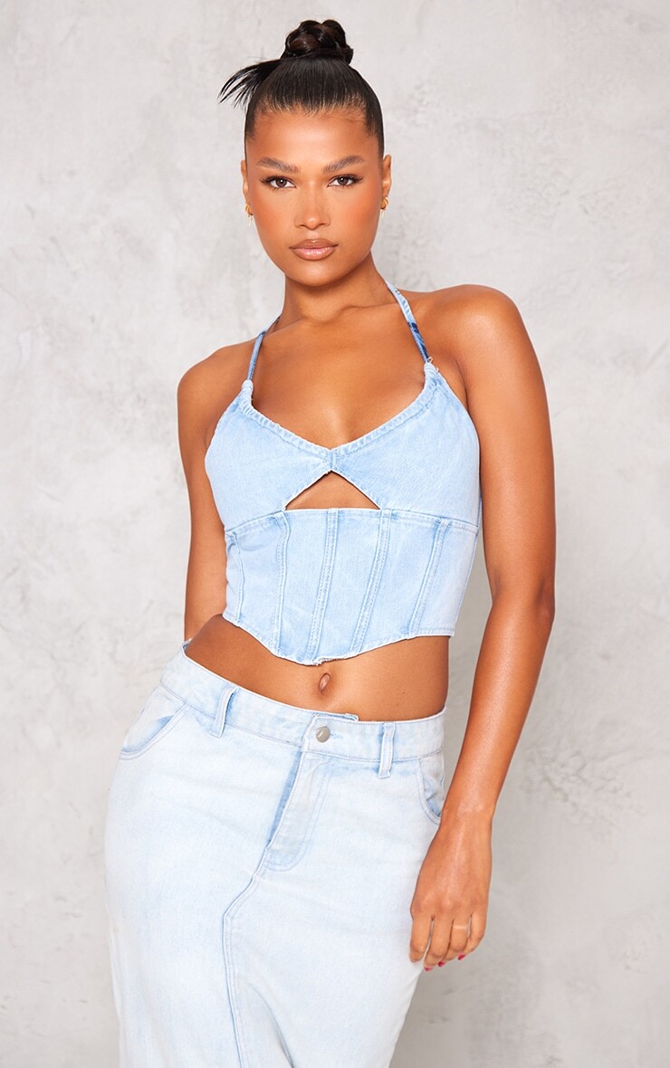 

PrettyLittleThing Голубой джинсовый топ с воротником-халтером и бюстом-корсетом