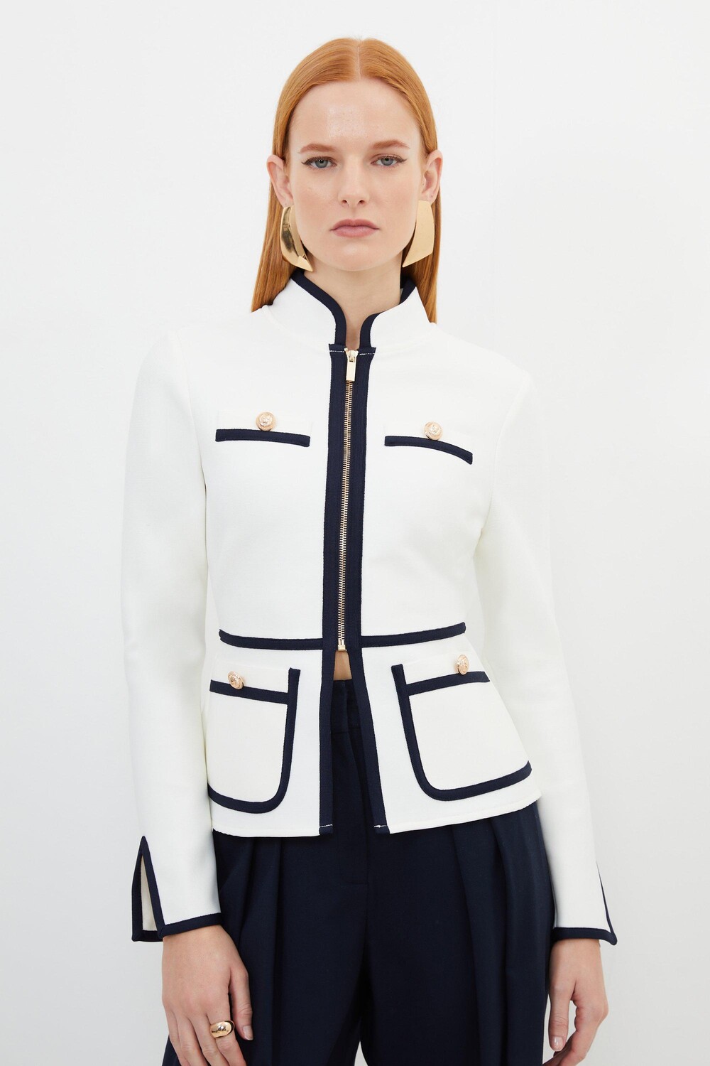 

Фигура Форма Бинты Контрастная окантовка Трикотажная куртка Karen Millen, белый