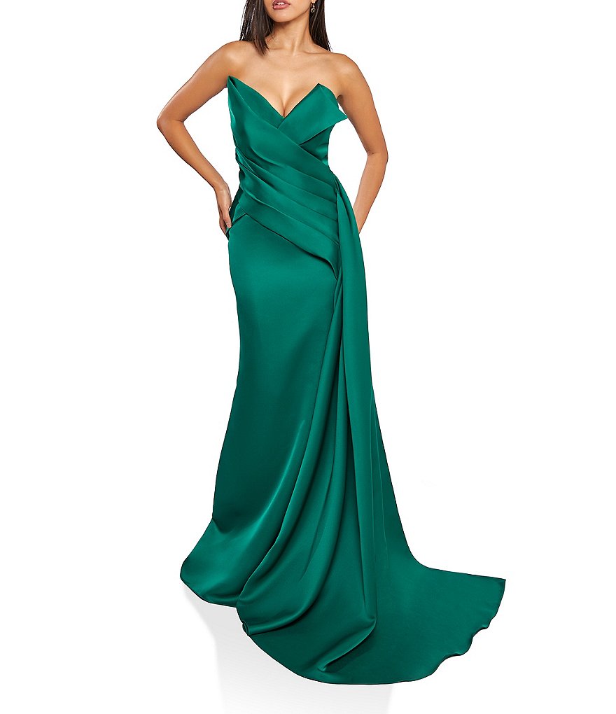 цена Terani Couture Атласное платье русалки без бретелек без рукавов с драпировкой по бокам, зеленый