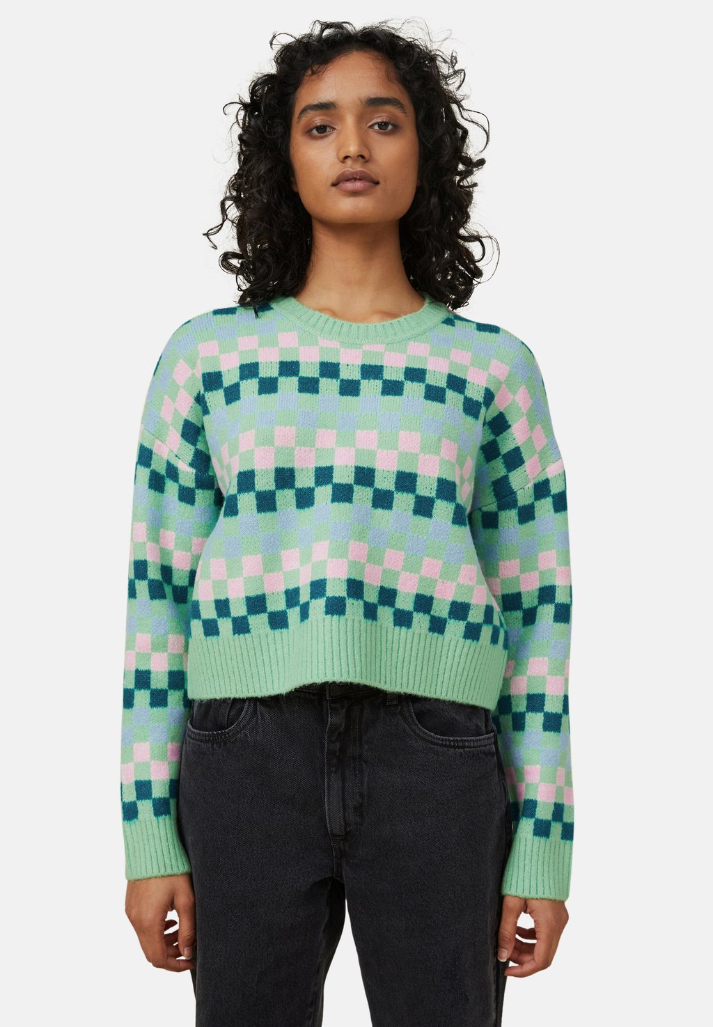 цена Вязаный свитер BLONDIE CREW NECK Cotton On, цвет checkerboard stripe lively green