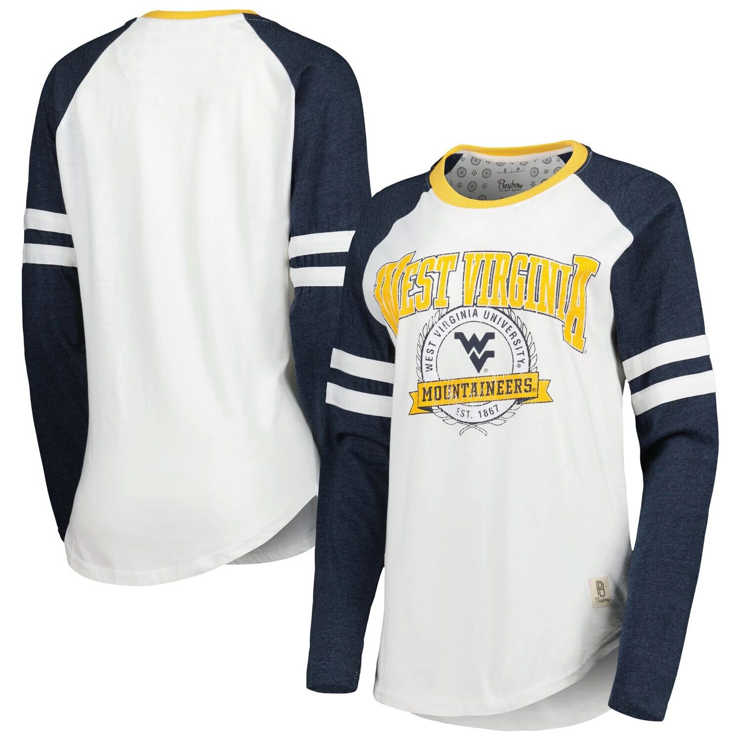 

Женская футболка Pressbox с длинными рукавами белого/темно-синего цвета West Virginia Mountaineers Brooking Sleeve Stripe реглан, Синий