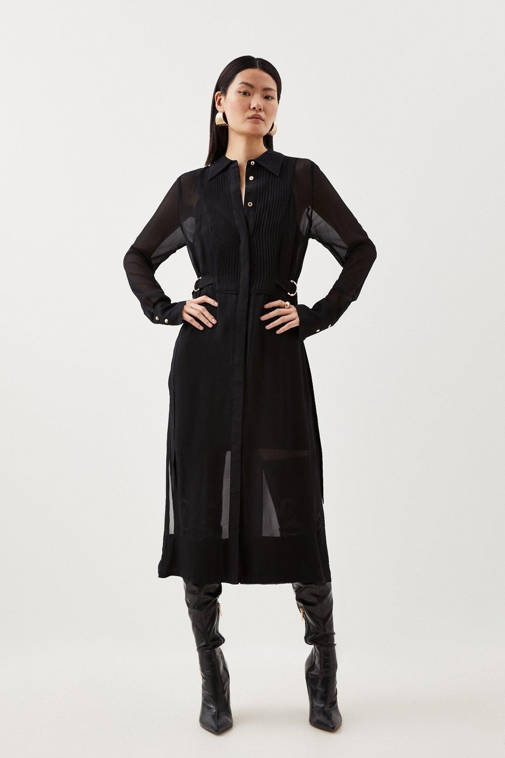

Платье-рубашка миди из вискозы Petite с защипами Karen Millen, черный