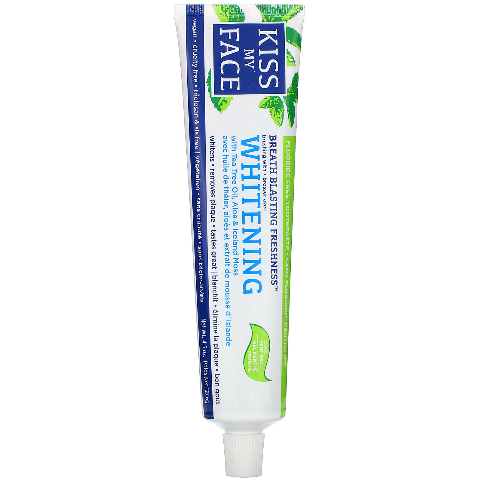 цена Kiss My Face Whitening Toothpaste with Tea Tree Oil Aloe & Iceland Moss Fluoride Free Cool Mint Gel 4.5 oz (127.6 g)