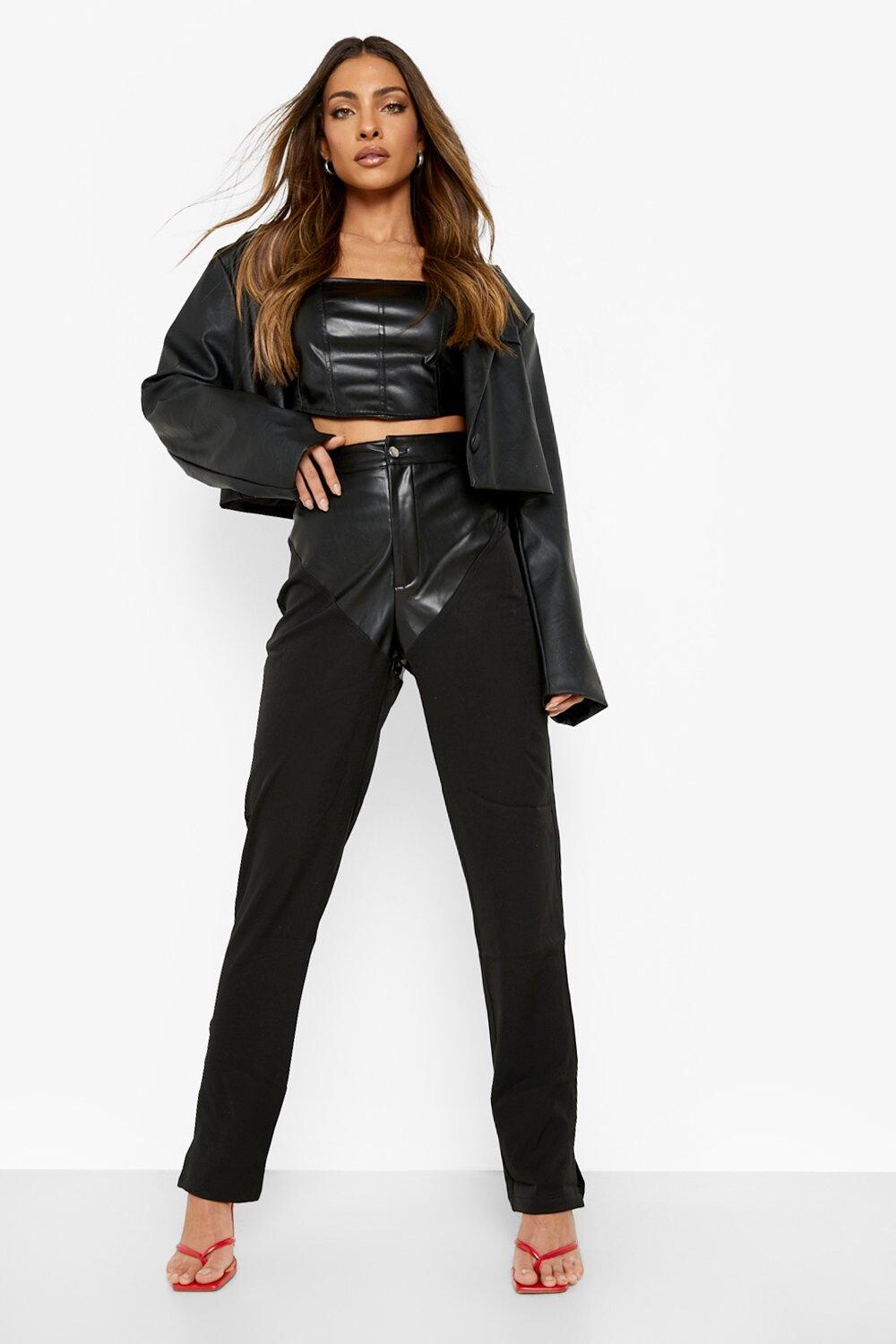 

Брюки из пу крепа с контрастными разрезами Boohoo, черный