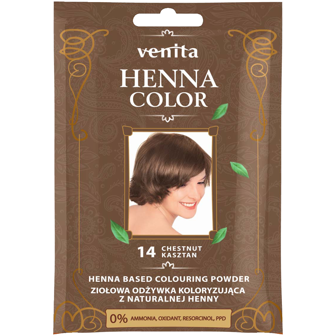 цена Травяной кондиционер-краситель с хной для волос 14 каштан Venita Henna Color, 75 гр