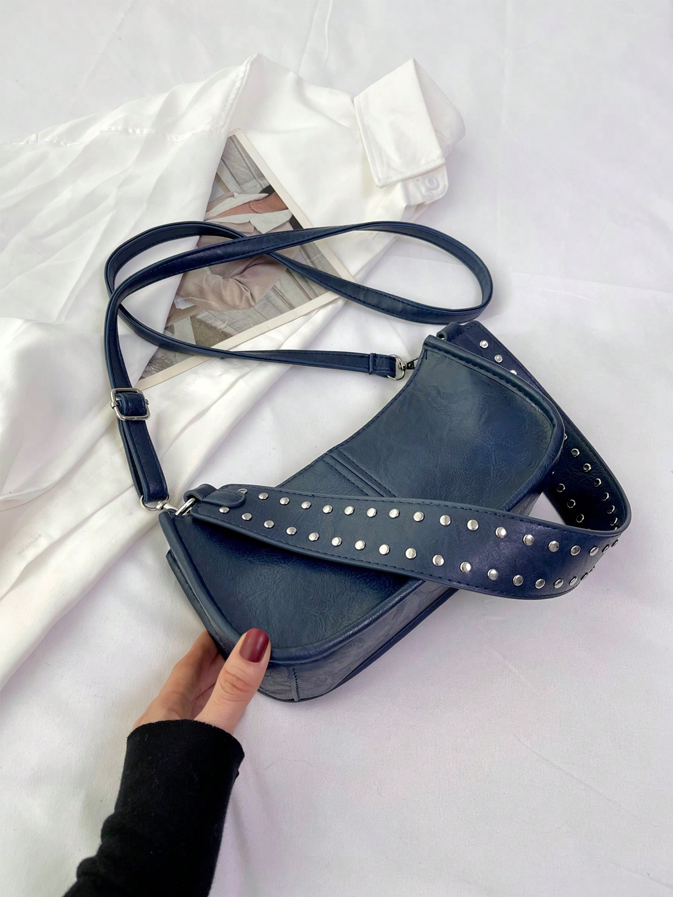 Легкая деловая повседневная сумка-багет с шипами для девочек-подростков, темно-синий