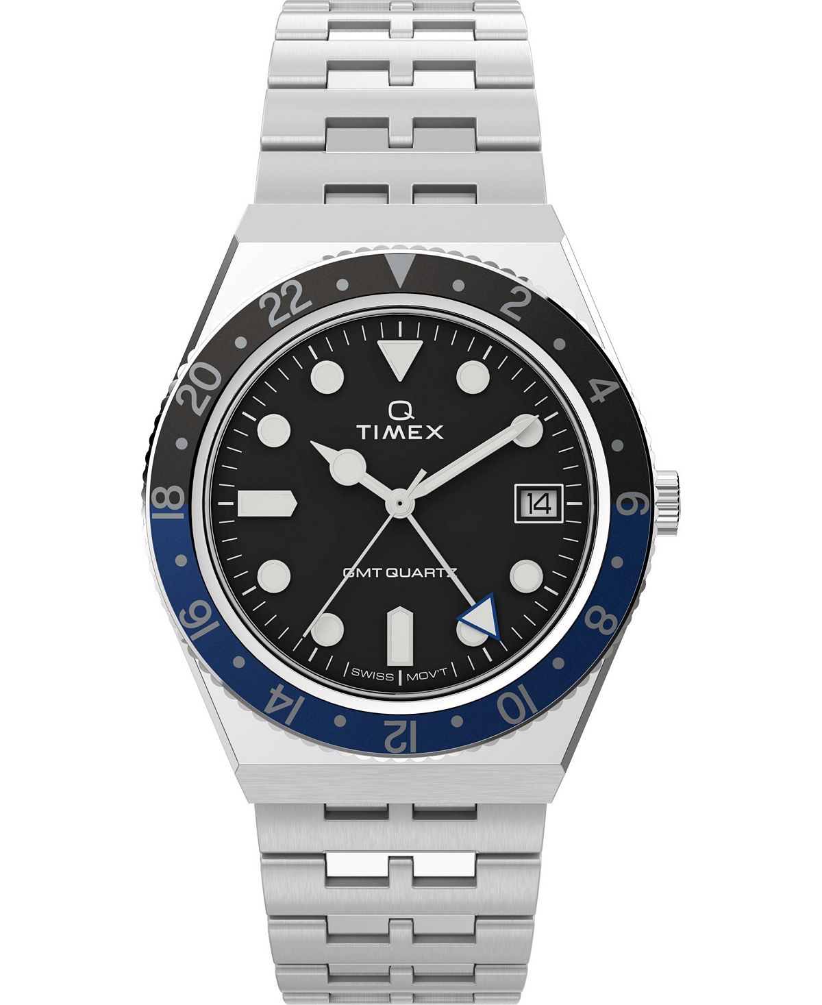 Мужские часы Q GMT с браслетом из нержавеющей стали, 38 мм Timex женские часы q серебристого цвета с браслетом из нержавеющей стали 36 мм timex