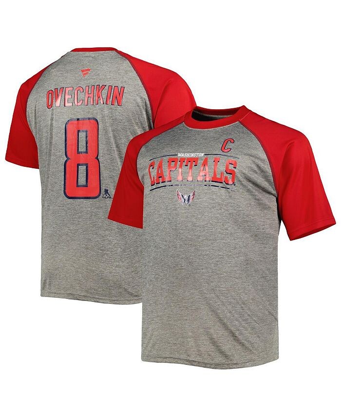 

Мужская футболка с логотипом Alexander Ovechkin Heather Grey, Red Washington Capitals Big and Tall Captain Patch, контрастная футболка с именем и номером реглан Fanatics, серый