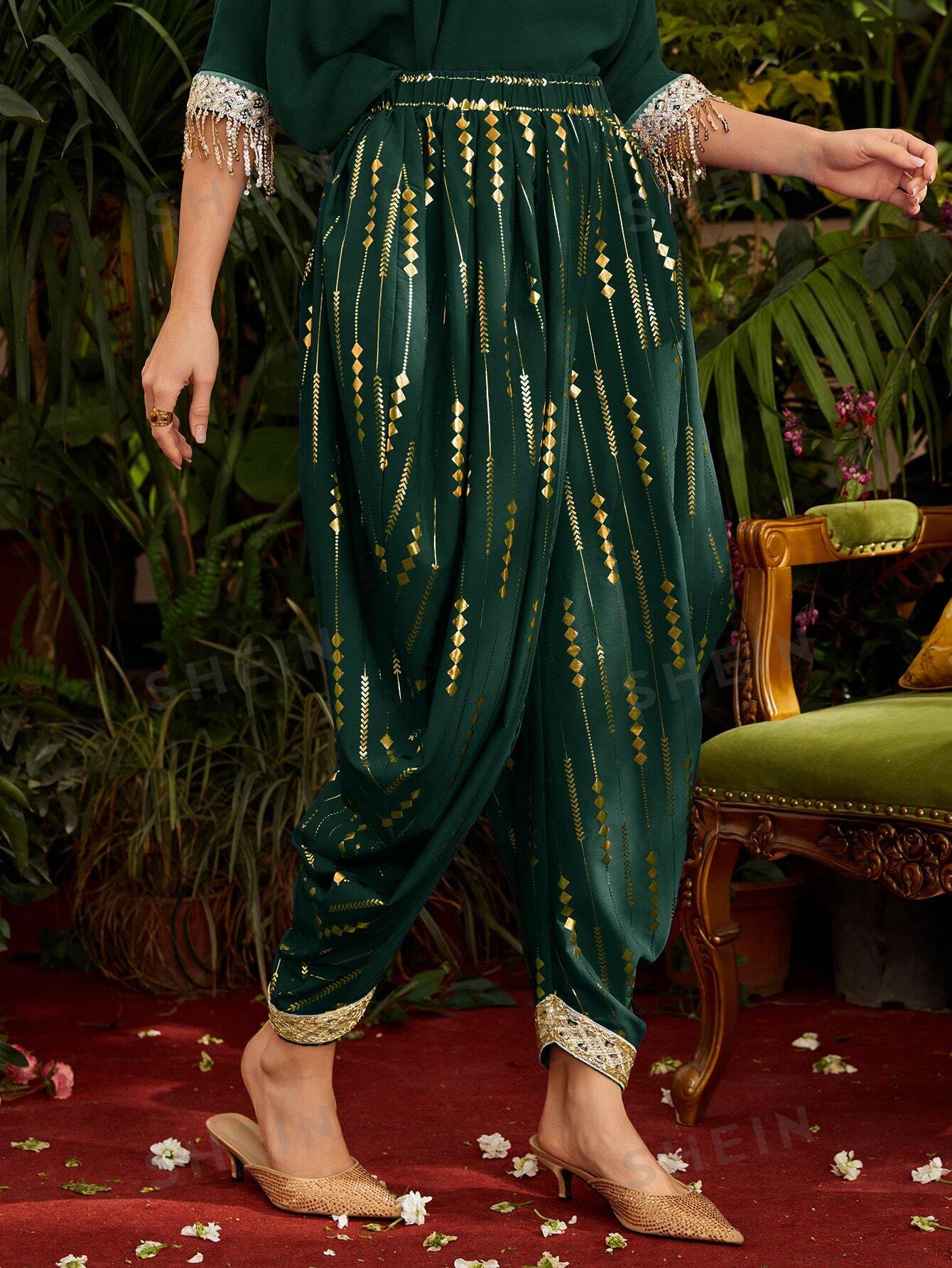 цена SHEIN Mulvari Женские брюки-джоггеры цвета металлик с золотым узором и тканой лентой в стиле пэчворк, темно-зеленый
