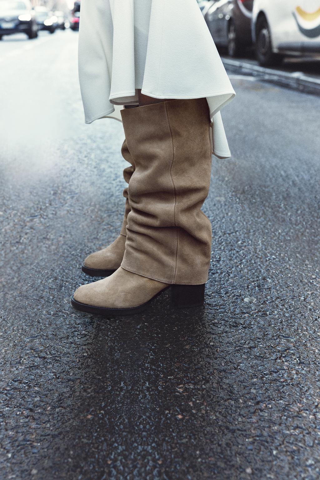 Кожаные ботинки на блочном каблуке ZARA, песочно-коричневый женские однотонные вязаные зимние гетры карамельных цветов свободные стильные сапоги до колена чулки леггинсы подарок теплые сапоги