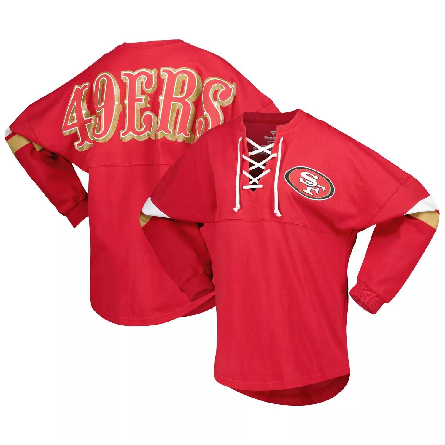

Женская футболка Fanatics Scarlet San Francisco 49ers Spirit из джерси с v-образным вырезом и длинными рукавами на шнуровке Fanatics