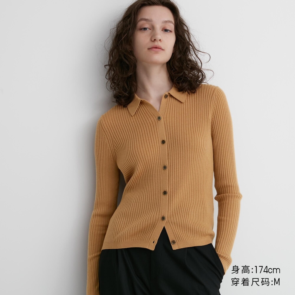 

Свитер Uniqlo камвольный в рубчик с воротником-поло из мериносовой шерсти, темно-бежевый