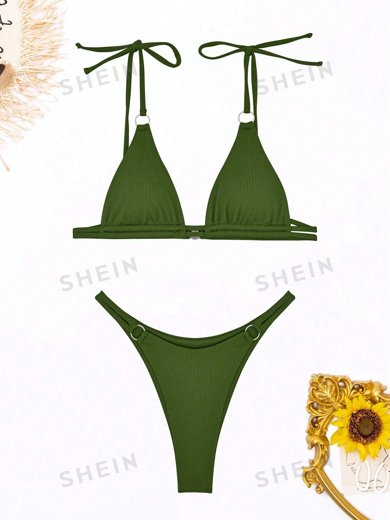 Сплошной цвет розового цвета с открытой спиной и ремешками, армейский зеленый 2021 комплект бикини для женщин купальник летняя пляжная одежда бразильские бикини женские купальные костюмы 2022 сексуальные женские купа