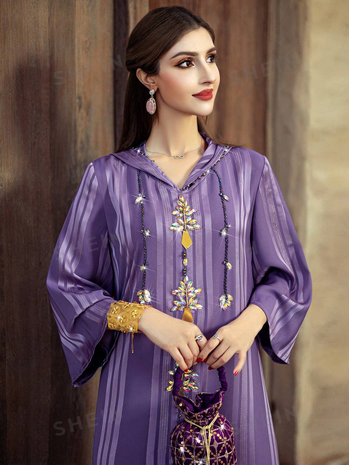 SHEIN Najma Марокканский халат из металлизированной ткани с капюшоном, фиолетовый