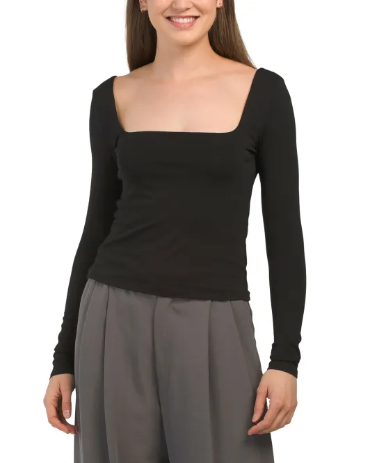 

Хлопковый топ Pima с квадратным вырезом и длинными рукавами Vince, черный