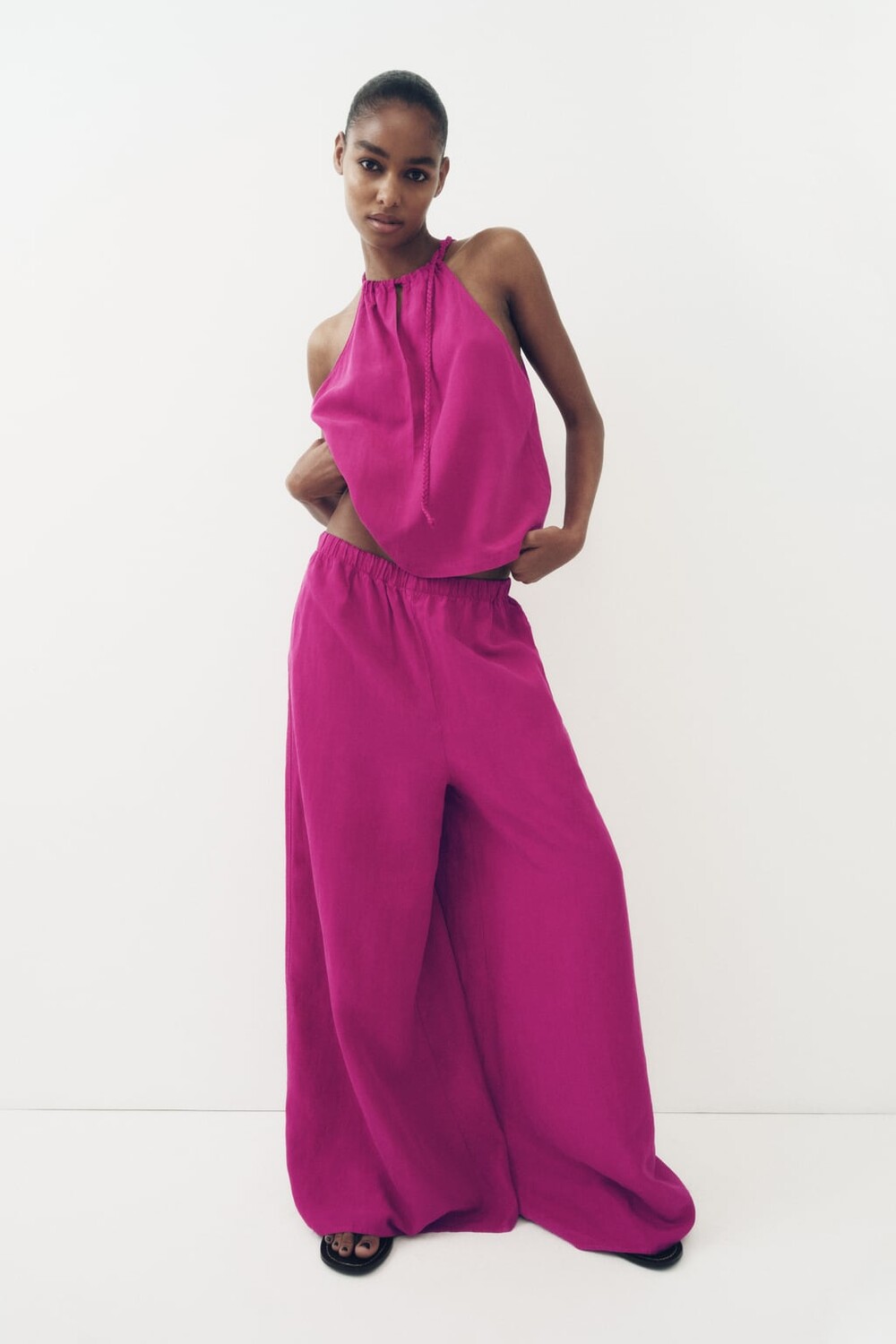 

Широкие брюки из смешанного льна ZARA, фуксия, Розовый