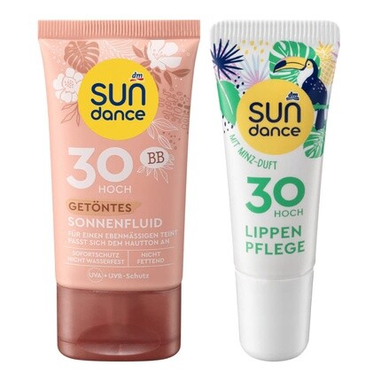 

Набор солнцезащитных средств: тонированный солнцезащитный флюид Spf 30 для ровного тона кожи, 50 мл + мятный крем для губ Spf 30, 10 мл, Sundance
