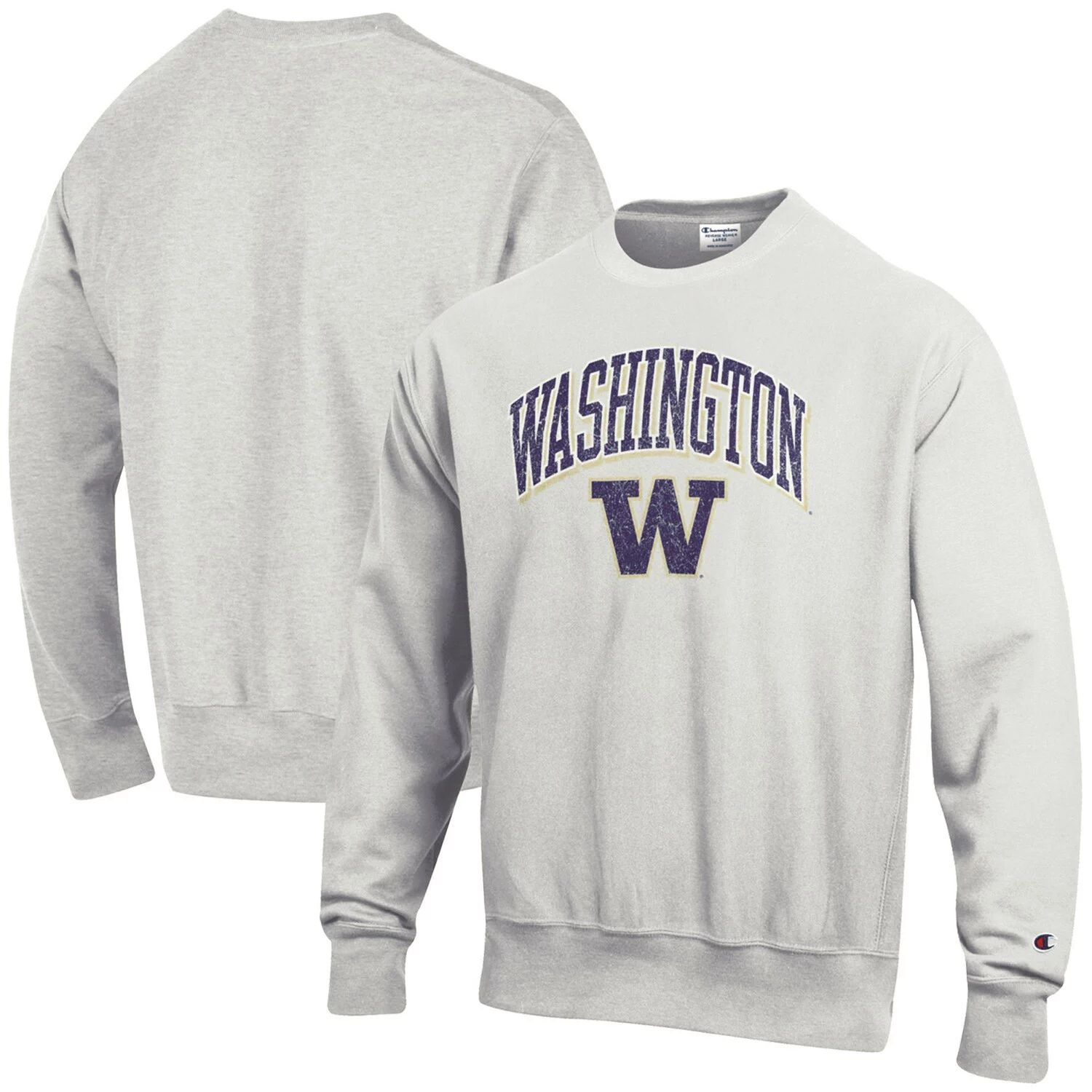 Мужской серый пуловер обратного переплетения с аркой и логотипом Washington Huskies Champion