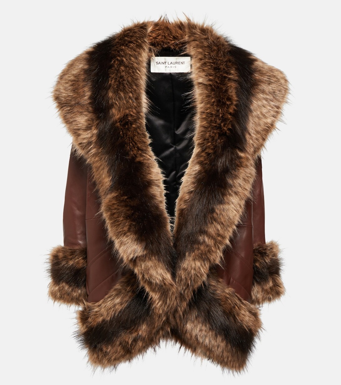 

Кожаное пальто с отделкой из меха животных SAINT LAURENT, коричневый