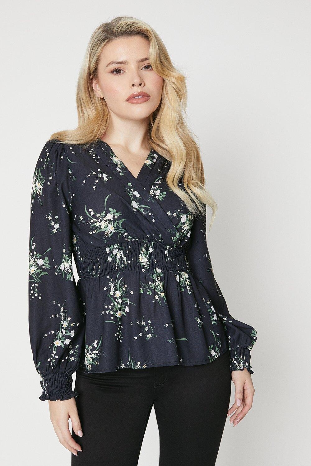 

Блузка с цветочным принтом и запахом на талии Dorothy Perkins, черный