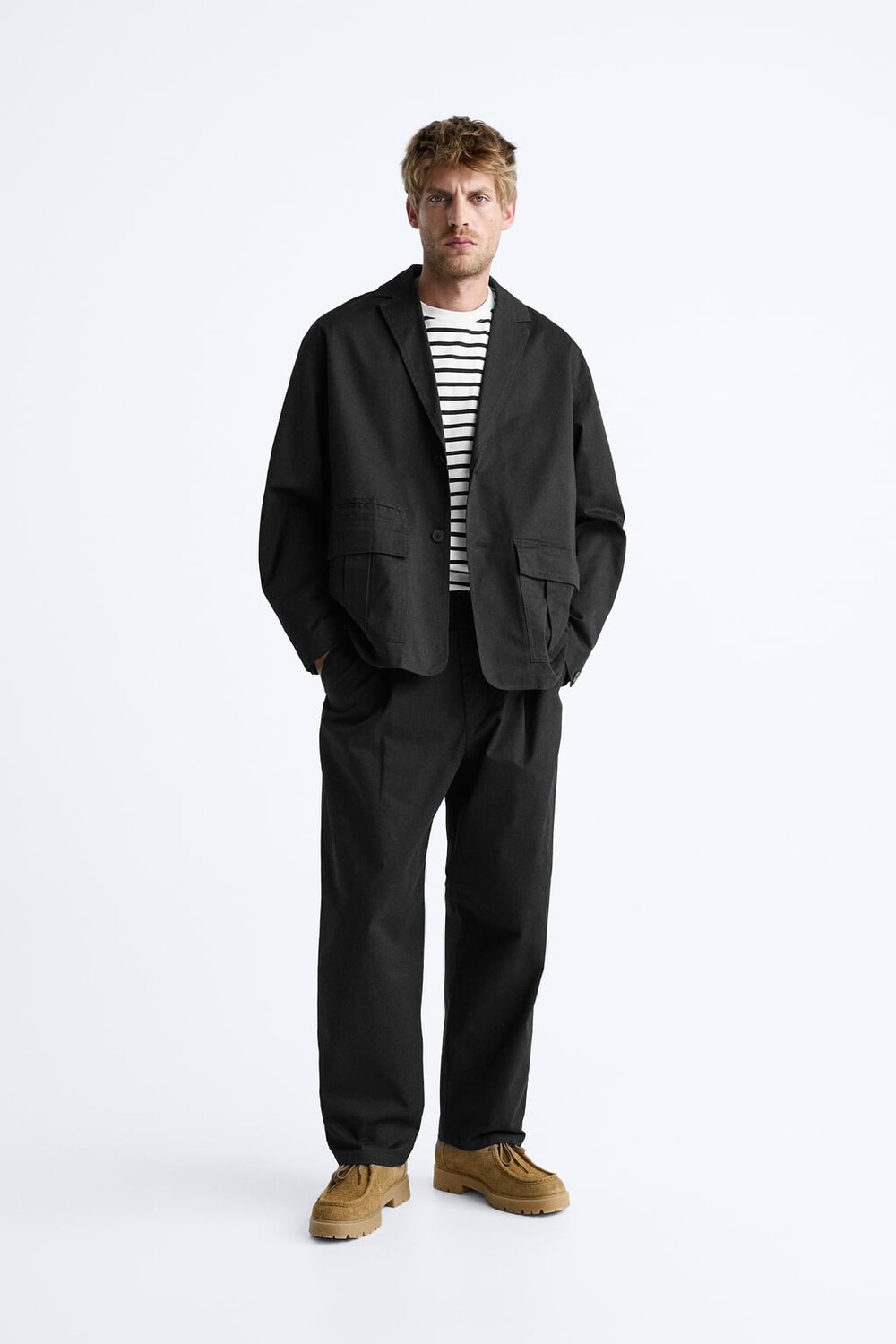 

Хлопковые брюки со складками ZARA, черный