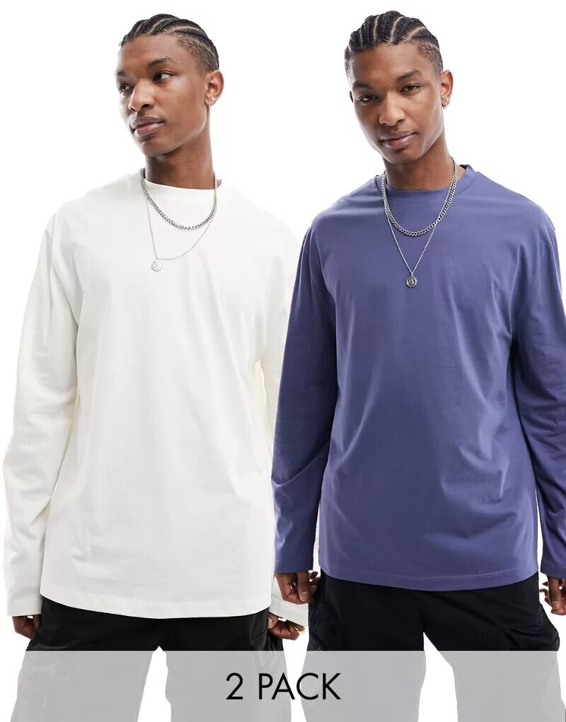 

Набор из двух рубашек с круглым вырезом с длинными рукавами ASOS экрю и синего цвета