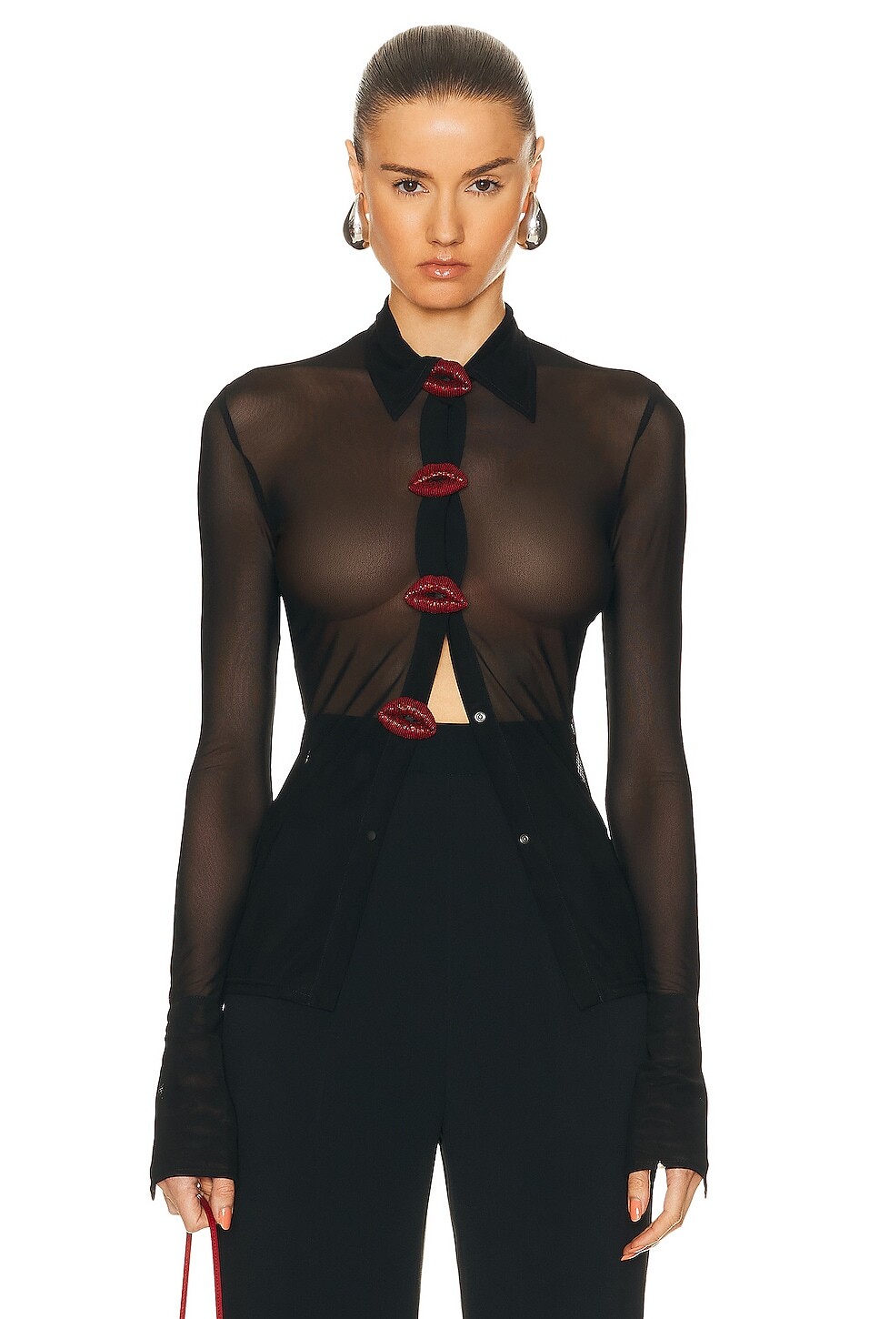 

Рубашка David Koma Crystal Lip Embroidered Mesh, цвет Black & Red