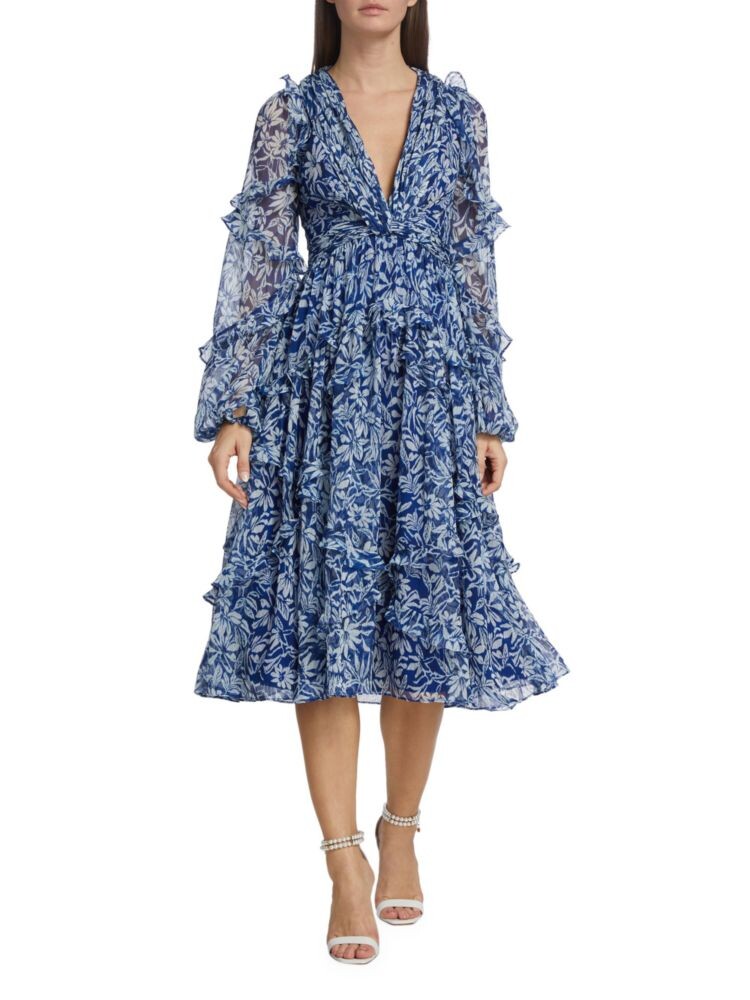 

Платье миди с цветочными рюшами Badgley Mischka, цвет Blueberry