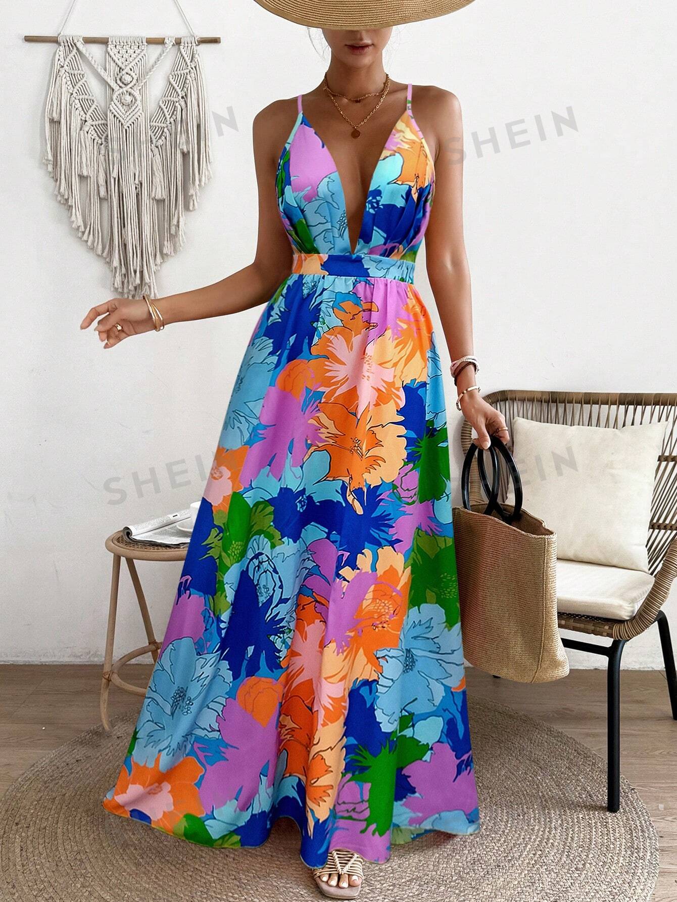 SHEIN VCAY Платье на тонких бретельках с открытой спиной и цветочным принтом, синий